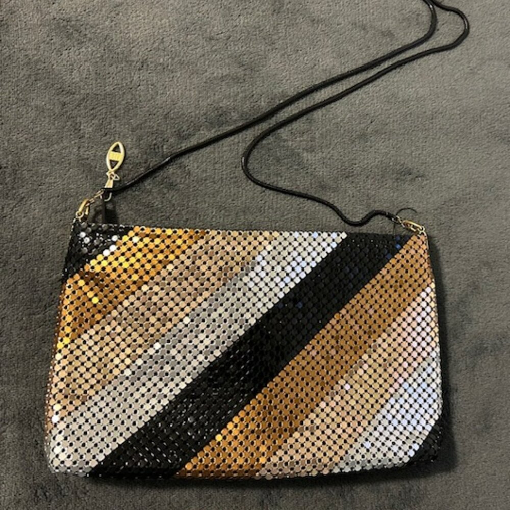 Vintage Gold Black Silver Bronze Metal Mesh Stripe Purse Bag